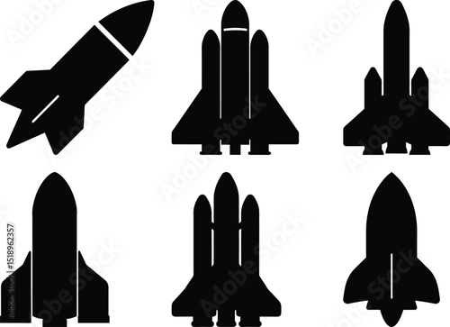 Collection of Silhouette Rocket and Space Shuttle Icons in Black and White