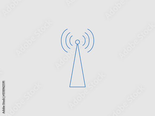 A blue outline illustration of a radio tower or mobile tower emitting concentric signal waves on a solid light grey background