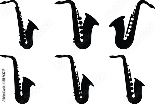 Silhouetted saxophone ensemble, black against white, showcasing various horn designs