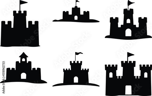 Collection of six different sandcastle silhouettes with flags on top, summer theme