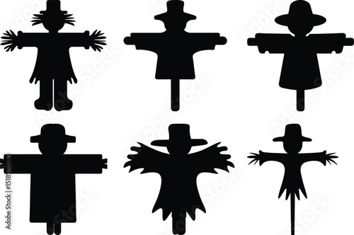 Silhouette of six uniquely designed scarecrows wearing hats on a white background