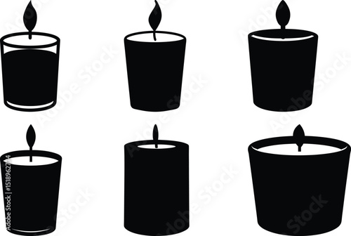 A set of six black candles with flames burning bright icon