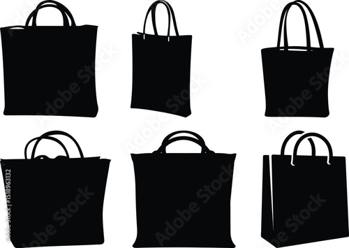 Silhouette illustration of six different tote bags on white background, clean design