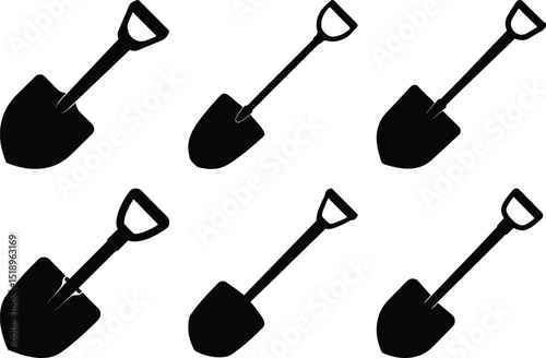 A graphic design pattern featuring a variety of black shovel silhouettes