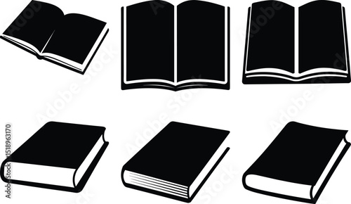Collection of black and white book illustrations showing open and closed books