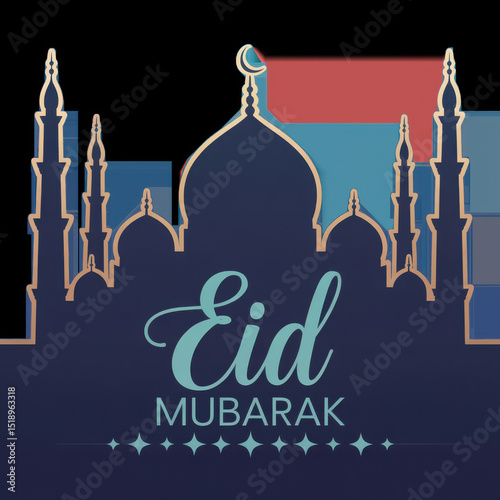 Elegant eid mubarak greeting card design featuring a mosque silhouette and teal calligraphy