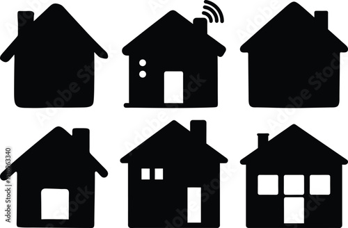 Various stylistic black house silhouette icons showing different home designs and features