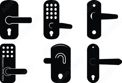 Various styles of door handles and entry locks depicted in black silhouettes