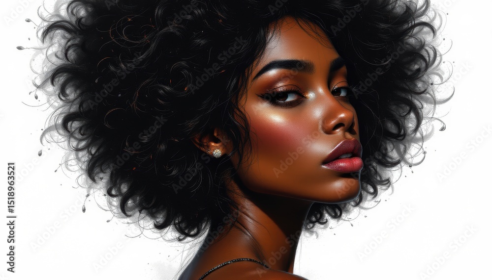 Fototapeta premium african american beauty model fashion model hair model black hair model, in sunlit sketch style, subject on right, copy space on left.