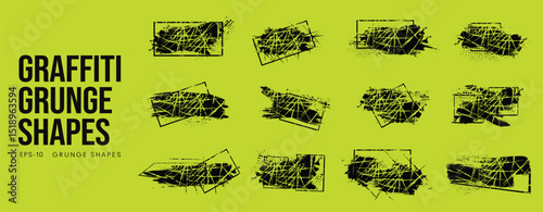 Grunge Graffiti Halftone Texture Elements Set Abstract Geometric Shapes. Ink Spray Frame Borders. Glitch Distortion. Noise Overlay And Distressed Vector Effects