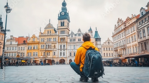 Traveler Admiring Old Town Square Architecture