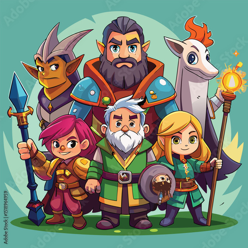 Cartoon Fantasy Party of Adventurers Ready for a Quest on a Green Background