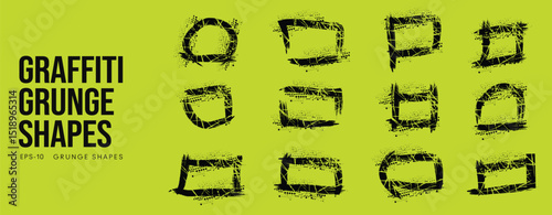 Grunge Graffiti Halftone Texture Elements Set Abstract Geometric Shapes. Ink Spray Frame Borders. Glitch Distortion. Noise Overlay And Distressed Vector Effects