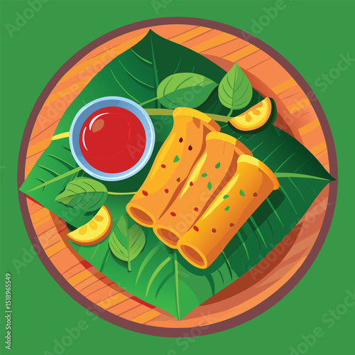 Delicious spring rolls with dipping sauce on a banana leaf plate