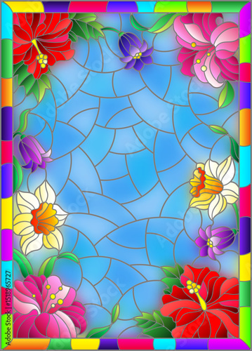 Illustration in stained glass style with a flower arrangement of Bluebell, daffodil, hibiscus and Lily on a blue background in a frame