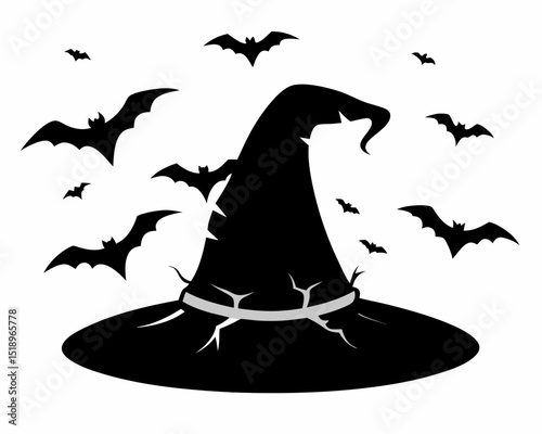 Black halloween witch hat with bats silhouette. Black witch hat with white bat pattern in silhouette style