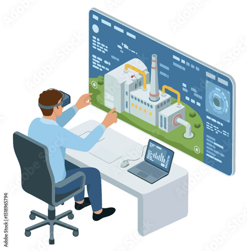 Engineer using virtual reality headset inspecting digital twin of a power plant isometric illustration