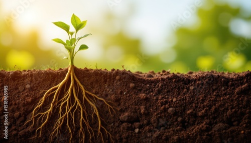 create a close up illustration of plant roots growing underground in a cross section of soil, position the roots on the left side of the image under morning radiance