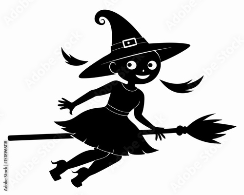 Halloween witch broomstick Vector illustration, Silhouette of a witch flying broomstick isolated design