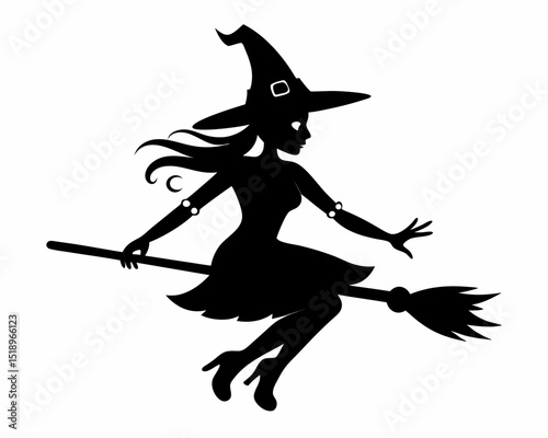 Halloween witch broomstick Vector illustration, Silhouette of a witch flying broomstick isolated design