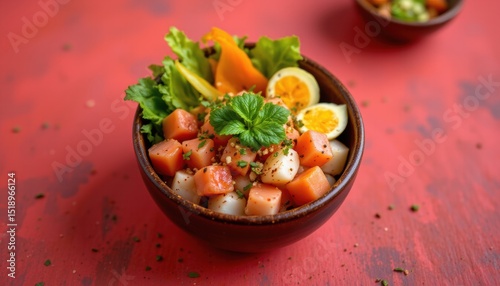 create a captivating poke bowl image with vibrant coral tones as the main theme, the focus should be on the subject at the top of the frame