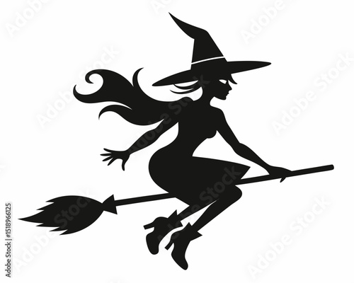 Halloween witch broomstick Vector illustration, Silhouette of a witch flying broomstick isolated design