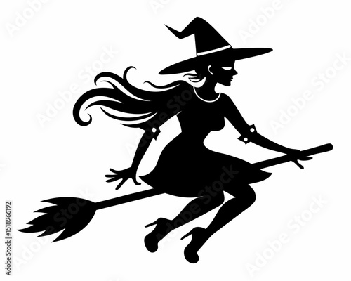 Halloween witch broomstick Vector illustration, Silhouette of a witch flying broomstick isolated design