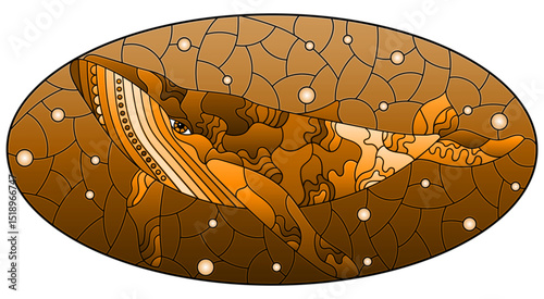 An illustration in the style of a stained glass window with an abstract cat on a background of water and air bubbles, tone brown