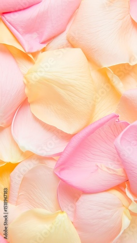 Pile of soft pink and yellow rose petals, floral background