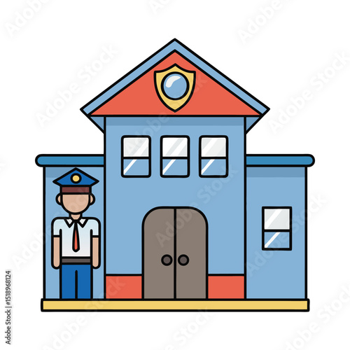 Police station building with officer illustration