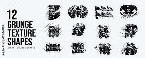 Grunge Graffiti Halftone Texture Elements Set Abstract Geometric Shapes. Ink Spray Frame Borders. Glitch Distortion. Noise Overlay And Distressed Vector Effects