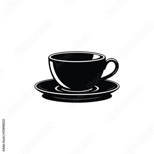 Black Illustration of Coffee Cup and Saucer on White Background
