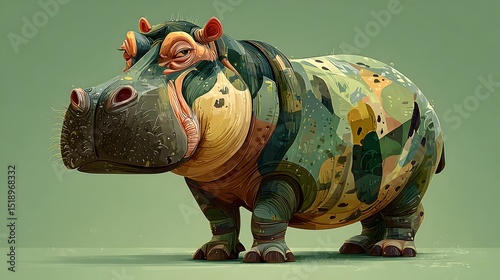 A stylized illustration of a hippopotamus with a unique patchwork design and textured skin in a vibrant color palette.