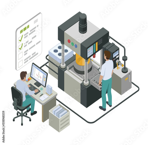 Isometric illustration of factory production process with engineers using machinery and computer systems