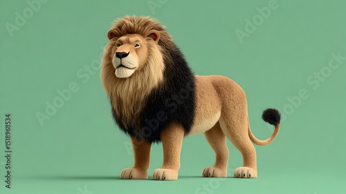 A majestic male lion with a thick black mane stands proudly against a muted green background in a digitally rendered illustration.
