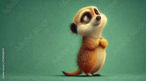 Adorable cartoon meerkat standing on two legs looking up with hopeful expression against a teal background.