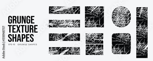 Grunge Graffiti Halftone Texture Elements Set Abstract Geometric Shapes. Ink Spray Frame Borders. Glitch Distortion. Noise Overlay And Distressed Vector Effects