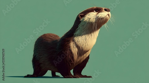 A charming brown river otter stands proudly on a teal background showcasing its sleek fur and inquisitive gaze.
