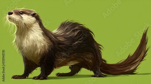 A meticulously detailed digital painting of a river otter standing alertly against a vibrant green background showcasing its luxurious fur.