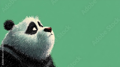 A charming illustration of a pensive giant panda looking upward against a solid green background.