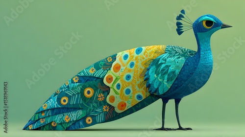 A vibrant stylized peacock with patterned plumage stands against a muted green background showcasing intricate design and detailed texture.