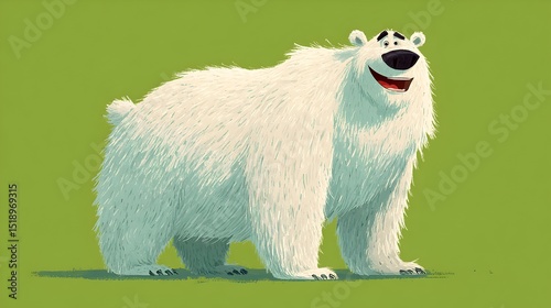 A cheerful cartoon polar bear stands on a green background smiling happily for children's illustrations and designs.