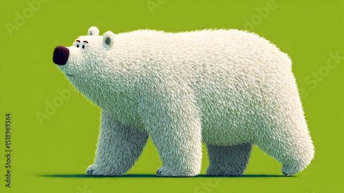 A charming cartoon polar bear strolls across a vibrant green background showcasing its fluffy white fur and expressive features.
