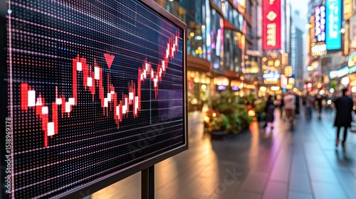 A digital display showing market charts and financial data is set against the vibrant backdrop of a bustling city at night with neon signs crowds of people