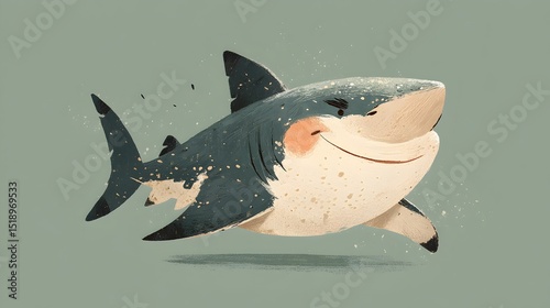 A cheerful cartoon great white shark swims playfully in the ocean depths with a happy expression and speckled texture.