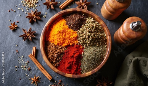 Vibrant Spices in Wooden Bowl with Star Anise and Cinnamon Sticks.