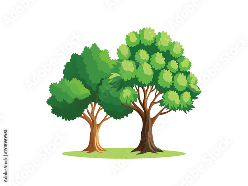 Two green trees on grass isolated on white background
