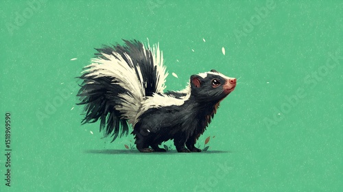 An adorable cartoon skunk stands on a green background with fluffy tail and charming expression looking upward.