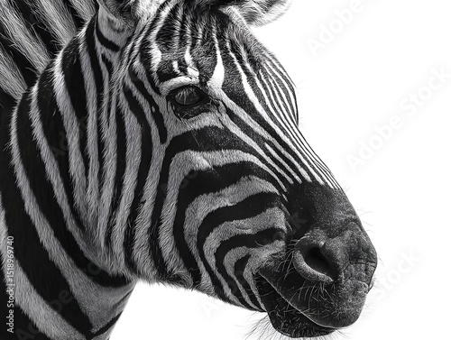 A striking black and white close-up portrait of a zebra's head and neck against a pure white background showcasing its unique striped pattern.