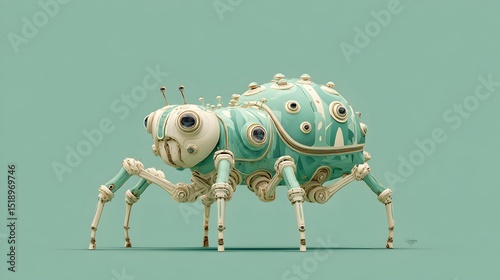 A teal and cream robotic spider with intricate mechanical details stands on a solid green background showcasing its unique design and craftsmanship.